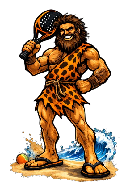 Mascote Cavernas Beach – Homem das cavernas jogando beach tennis